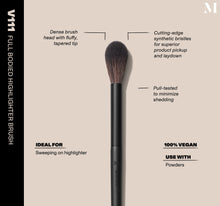 Infographic of brush details: V111 – FULL BODIED HIGHLIGHTER BRUSH
Dense brush head with fluffy, tapered tip, Cutting-edge synthetic bristles for superior product pickup and laydown
Pull-tested to minimize shedding 
100% vegan
IDEAL FOR: Sweeping on highlighter
IDEAL WITH: Powders, Creams, Liquids -view-2